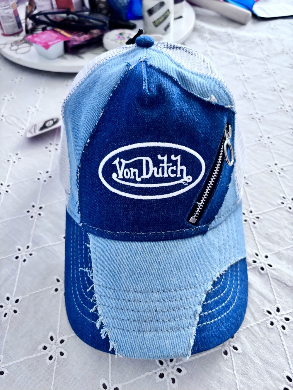 Von Dutch Two-Tone Blue Distressed Denim Trucker Patchwork SnapBack